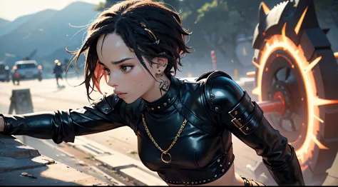 protagonist character(alone), 1girl. zoe kravitz character(1), zoe kravitz face, wonderful girl, short hair, biker clothes(rocke...