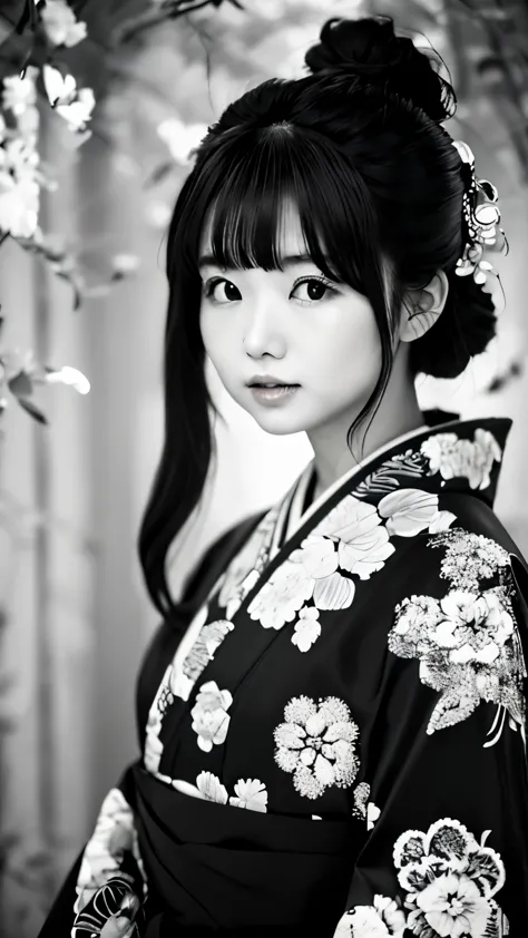 (((a black and white photo:1.2、film grain、RAW photo)))、one woman、１８talent、unparalleled beauty、beautiful teeth、natural look、small nose、plump lips、Beautiful silky straight hair、Riman、Beautiful kimono figure、heavy kimono、Yamato Nadeshiko、blurred background:1....