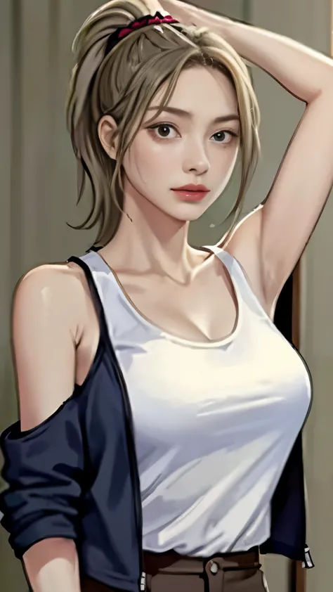 masterpiece, highest quality, 1 girl, naked shirt, shirt tug, shirt, off shoulder, ponytail, Sweaty armpits, A large loose jacke...