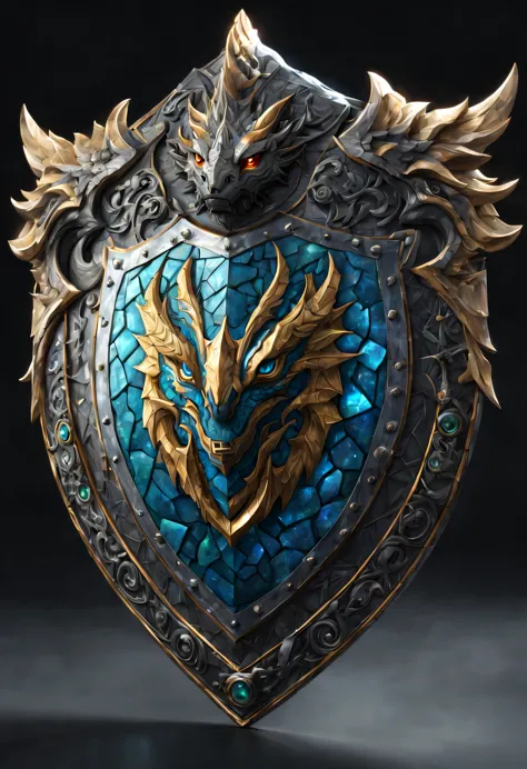 Aigis's shield:A deformed dragon design,Magic Stone,Metallic luster,inlay,beautiful Light and shadow,light reflection,orthan ren...