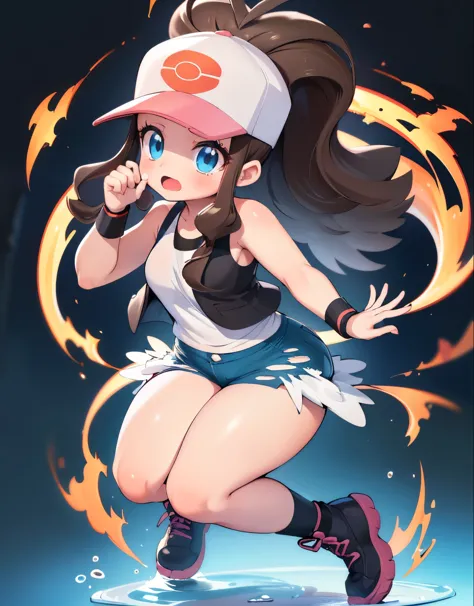 (best quality, highres:1.2), ultra-detailed, realistic:1.37, Hilda Pokemon, full body, visible thighs, thick thighs, curvy body, wiping her tears, looking at the camera, torn clothes, open mouth, cum on face, bukkake, def1, portraits, vivid colors, dim lig...