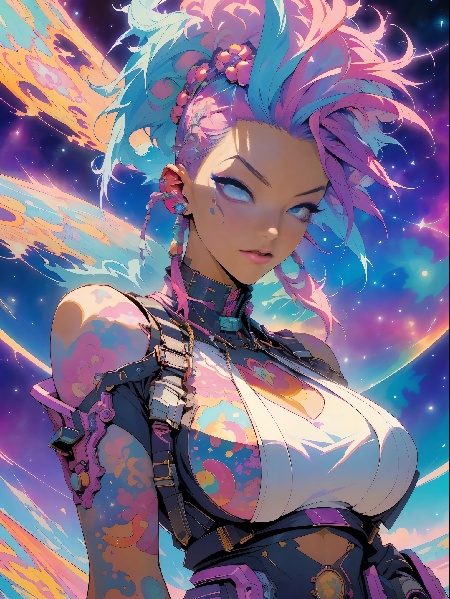 (masterpiece, top quality, best quality, official art, beautiful, cosmic, atmospheric, psychedelic, dreamlike and aesthetic:1.2), (1girl, pink punk rock mohawk hair, tons of tattoos and piercings, super huge enormously gigantic tits), extreme detailed,(fractal art:1.3),colorful,highest detailed, cherry blossoms and butterflies blowing in the wind 