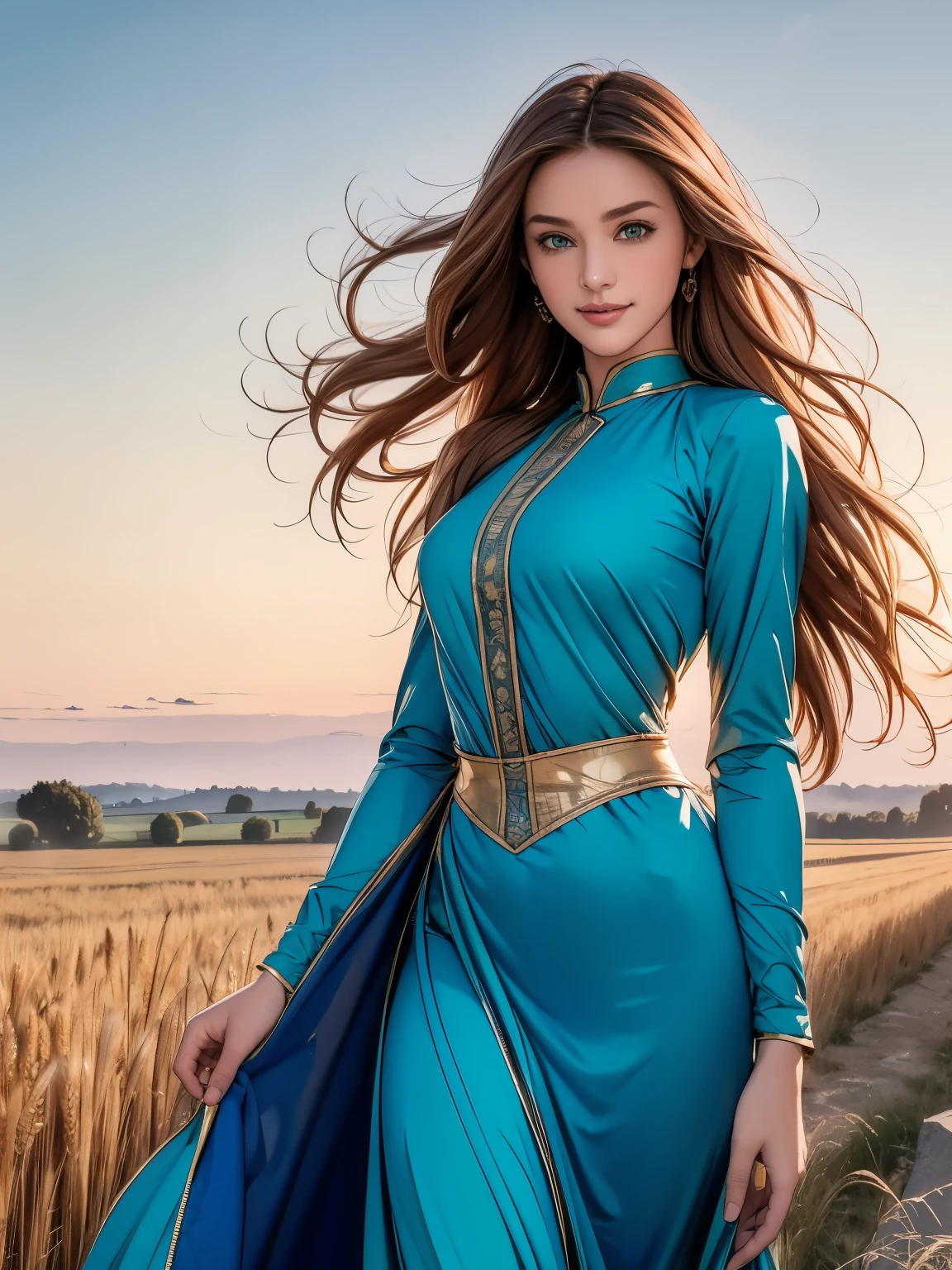 (best quality,4k,8k,highres,masterpiece:1.2),ultra-detailed,realistic:1.37,emerald eyes,beautiful detailed eyes,beautiful detailed lips,long eyelashes,1 girl,orange long hair,running,turning back,blue long dress,medieval,medieval costume,long sleeve sunset,backlit,figure in shadow,smiling,laughter,blue sky,wheat field in the background,standing in the distance,looking at the viewer,full-length
