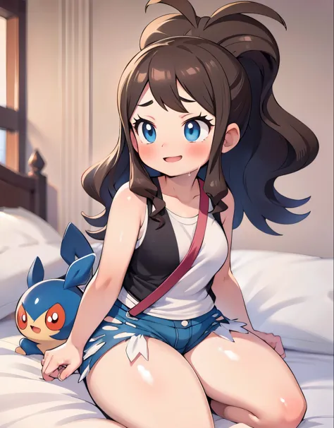 Hilda Pokemon, curvy body, beautiful detailed eyes, visible thighs, thick thighs, bedroom, prostitute, an elderly man leaning on her from behind and picking her up, striking various poses, cry, nervous smile