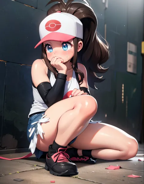Hilda Pokemon,def1,dark alley,sitting on her legs,knees together,visible thighs,thick thighs,curvy body,beautiful eyes, detailed eyes,tears running down her face,wiping her tears,looking at the camera,torn clothes, cum on mouth, cum on face, bukkake, holdi...
