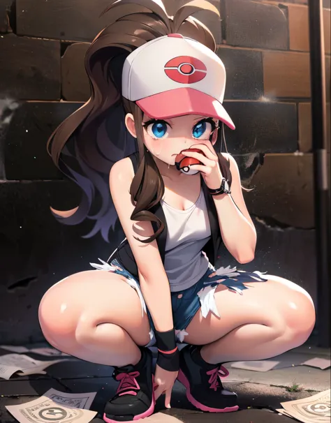 Hilda Pokemon,def1,dark alley,sitting on her legs,knees together,visible thighs,thick thighs,curvy body,beautiful eyes, detailed eyes,tears running down her face,wiping her tears,looking at the camera,torn clothes, cum on mouth, cum on face, bukkake, holdi...