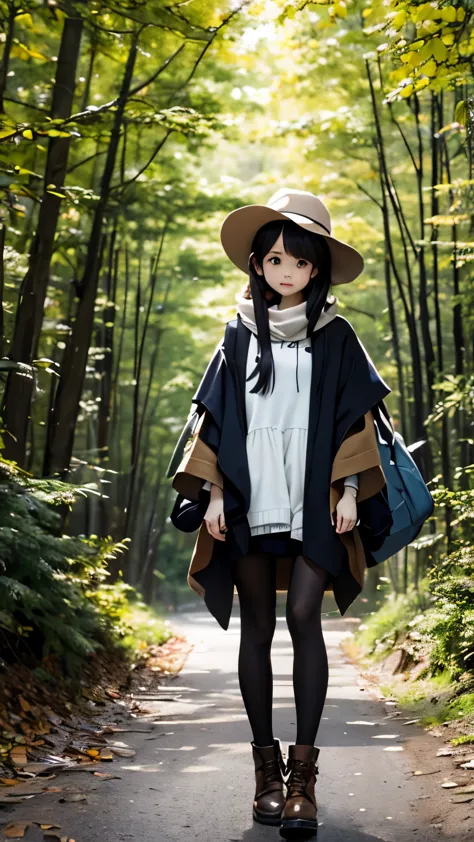 one girl、tulip hat、Khaki poncho、Backpack、dark forest、deep-forest、walking、