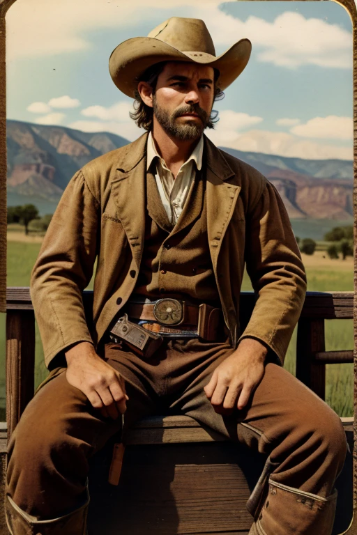 1 male、American、22 years old、Sepia color photos、aged photos、Cowboy costume、My whole body is covered in dust、Western development history、colt peacemaker、Gun belt、Tobacco、stubble、sitting on the fence of the ranch、cowboy shot