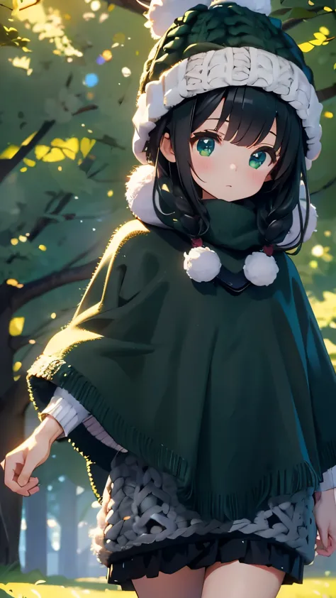 one girl、(((Pom pom knit hat、Dark green poncho:1.2)))、Backpack、The background is blurry、blurred background、dark forest、deep-forest、walking、highest quality、ultra high resolution、Super detailed、８ｋ、