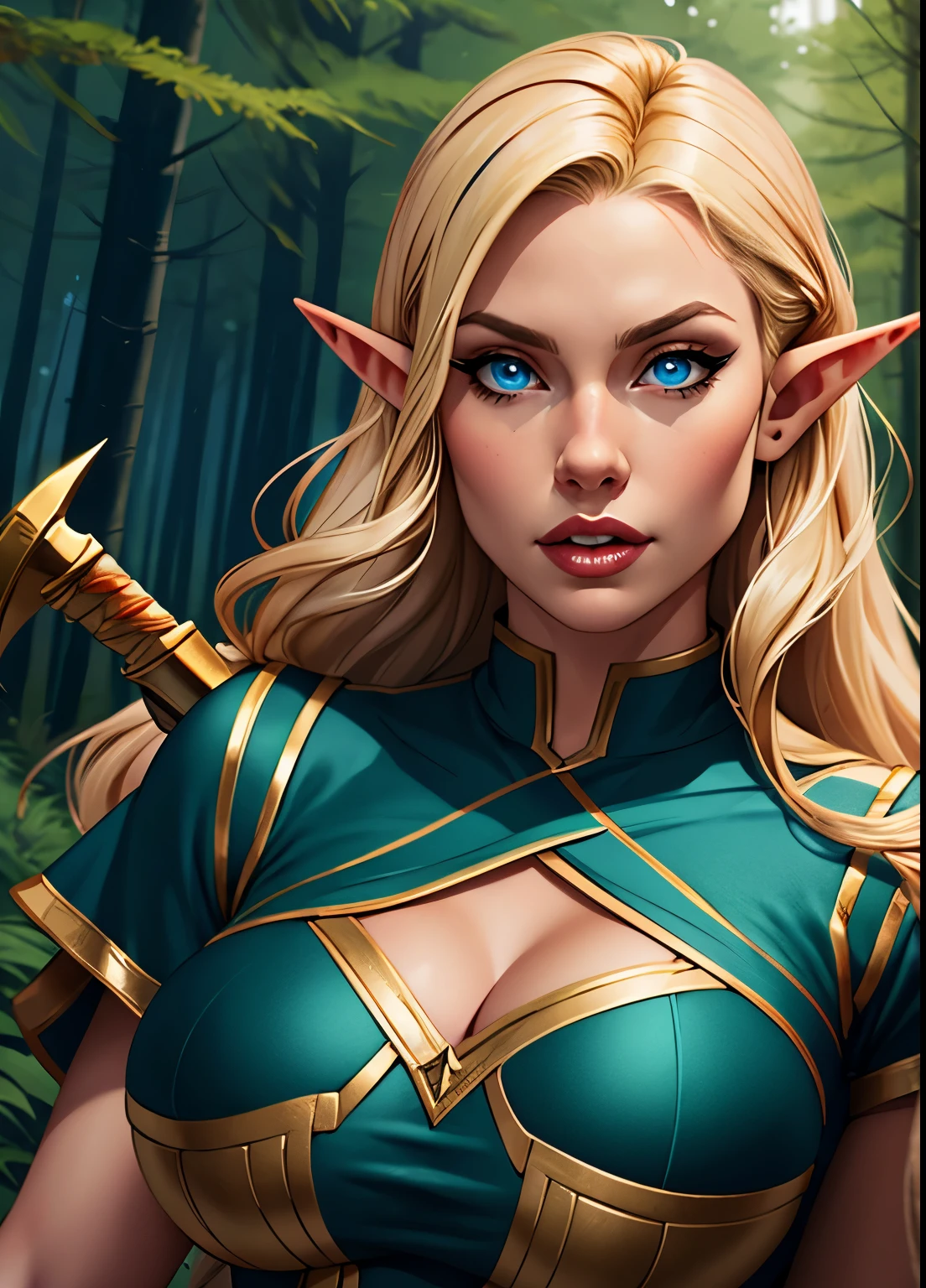 a female elf with long blonde hair, pointy ears, big blue eyes, thin lips, round face, big breasts, wearing elf clothes, female elf, pov, holding a dagger, in the forest