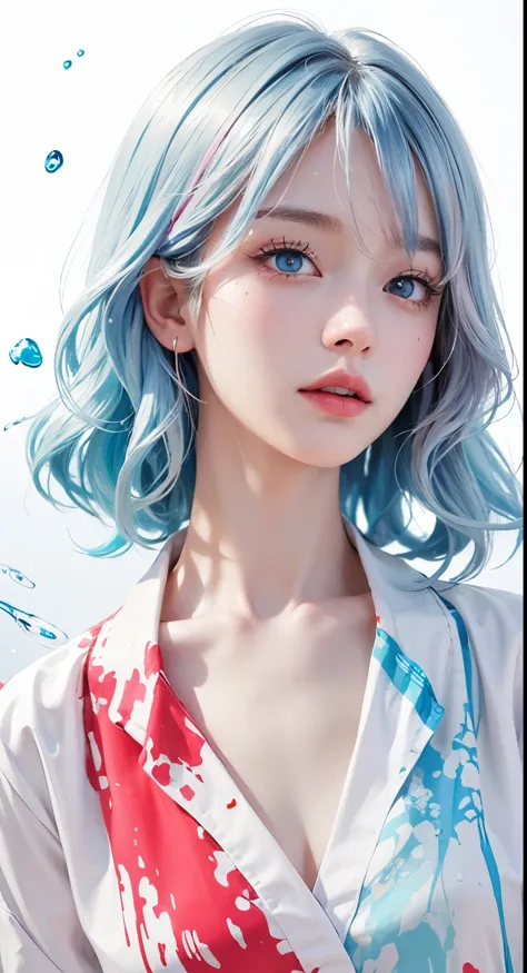 （masterpiece、best quality、high resolution），（Colorful background，（splash of color，ink splatter，splash of color）），Sweet girl，light blueshort hair，short hair，[light blue|pink]hair，curls，blue eyes，flash，pink嘴唇，（Splash color，（white shirt），front，Whole BodyEsbian...