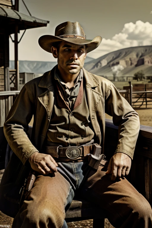 1 Mann、amerikanisch、22 Jahre alt、Sepiafarbe、gealterte Fotos、Cowboy-Kostüm、Mein ganzer Körper ist mit Staub bedeckt、wilder Westen、Waffengürtel mit Colt Peacemaker、Tabak、Stoppel、auf dem Zaun der Ranch sitzen、Cowboy-Schuss