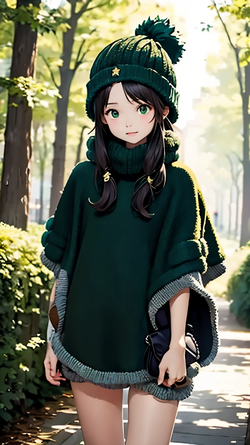 one girl、(((Pom pom knit hat、Dark green poncho:1.2)))、Backpack、The background is blurry、blurred background、dark forest、deep-forest、walking、highest quality、ultra high resolution、Super detailed、８ｋ、