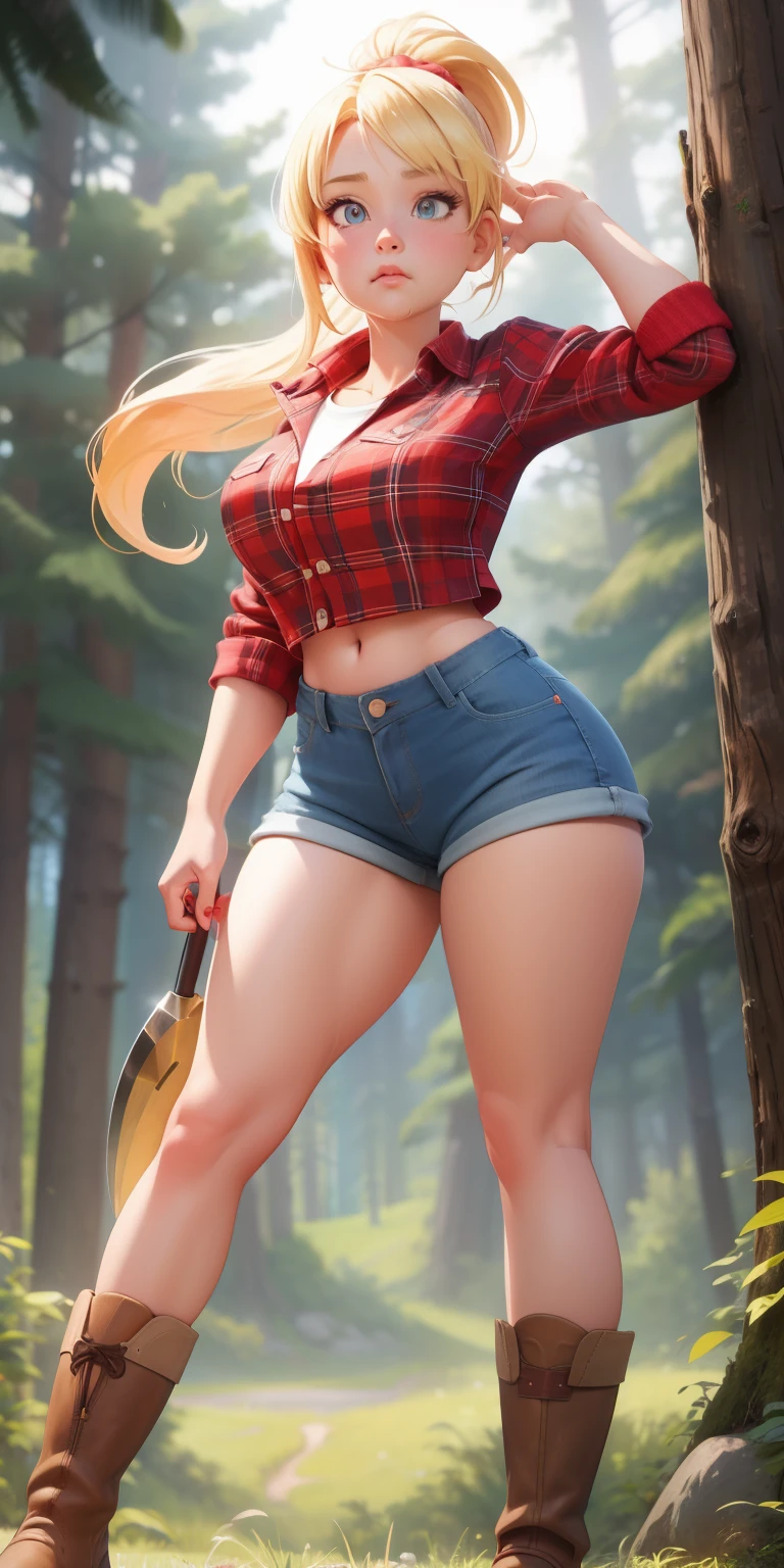 A woman in a plaid shirt and shorts posing in the woods - SeaArt AI