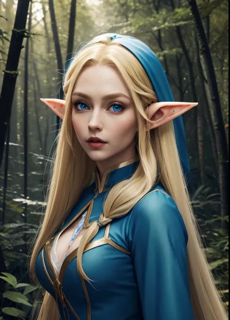 a female elf with long blonde hair, pointy ears, big blue eyes, thin lips, round face, big breasts, wearing elf clothes, female ...