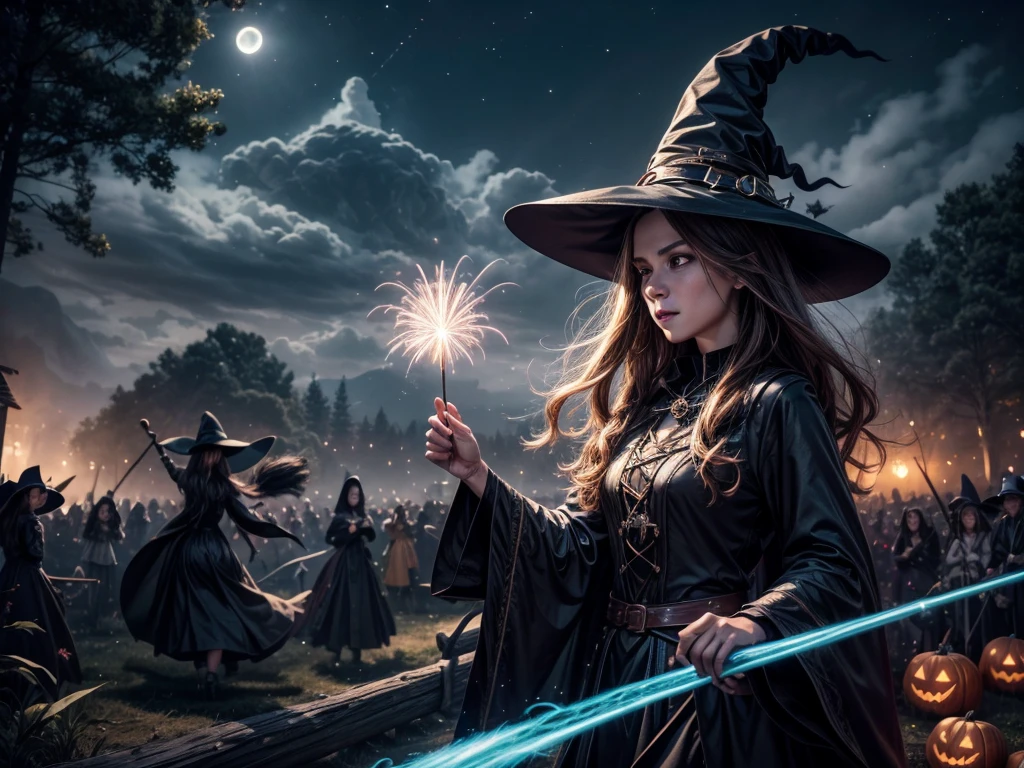 best quality,ultra-detailed,realistic,photorealistic,highres,(HDR,UHD),vivid colors,bokeh,fast-paced,breathtaking, intense, thrilling, magical,fantasy scene,action-packed,Halloween theme,nighttime race,race in the sky,dark clouds,full moon,stars shining brightly,((witches on broomsticks)),fierce competition,wind rushing through hair,fireworks,sparks flying,adrenaline rush,floating above the ground,mesmerizing speed,spellbinding atmosphere,mysterious forest,illuminated by the moonlight,enchanted broomsticks,gleaming under the stars,witch hats flowing in the wind,energetic,heart-pounding excitement,magic spells casting colorful streaks,exhilarating maneuvers,narrowly dodging obstacles,hairpin turns,swooping and soaring,mystical energy radiating,competitive spirit,competitive nature of witches,winner's trophy shining brightly,endless possibilities,unpredictable outcome,fastest broomstick,stunning moments captured,unforgettable experience.