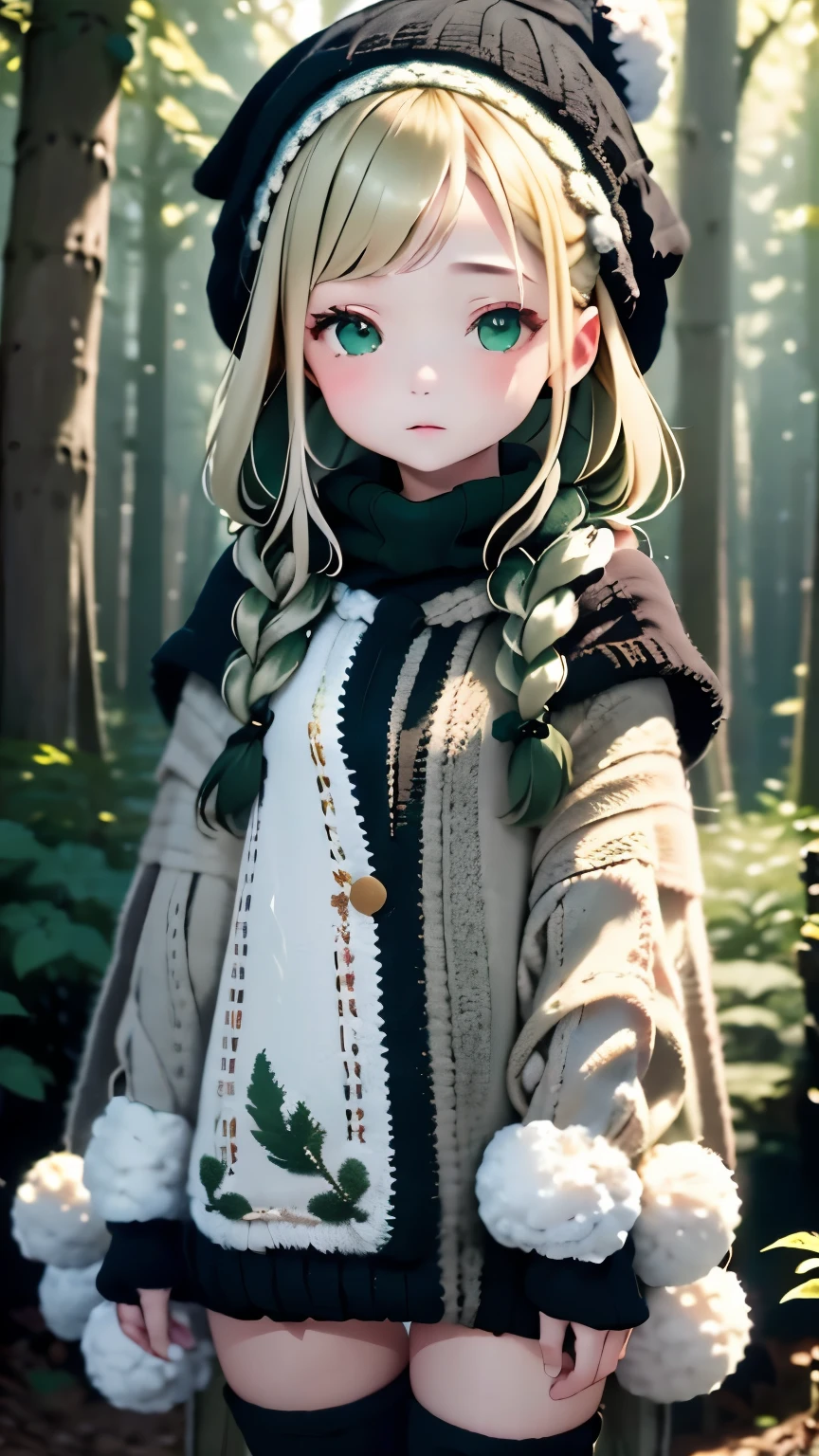 one girl、２０talent、beige hair、french braid、(white pompom knit hat)、((Dark green poncho:1.2))、(((black knee socks:1.2)))、The background is blurry、blurred background、dark forest、deep-forest、walking、highest quality、ultra high resolution、Super detailed、８ｋ、
