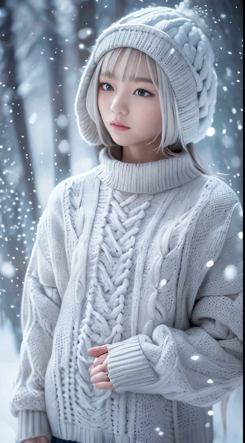 in the snowy forest,  japanese girl, 15 years old, little, cute, (white oversized knitted sweater:1.3), snowing,pupils sparkling, silver short hair, close eyes, realistic Portrait, depth of field, f/1.8, anatomically correct, textured skin, super detail, high details, high quality, super detail, high details, high quality, best quality, highres