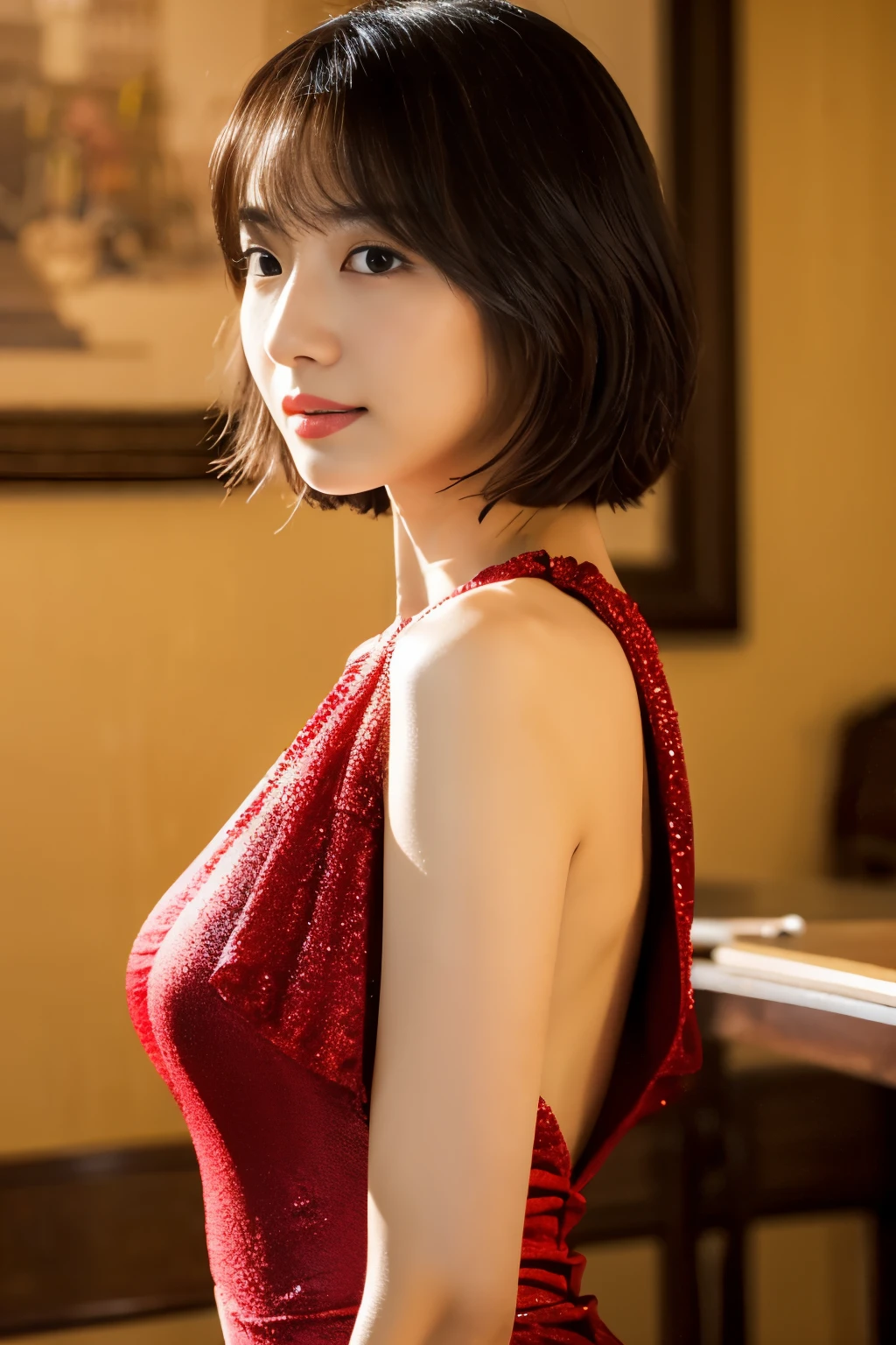 테이블 탑, 최상의 품질, 수치, 매우 상세한, 잘게, 높은 해상도, 8K 배경화면, 30세의 아름다운 여성,섹시한,일본어、짧은 머리、빨간 드레스