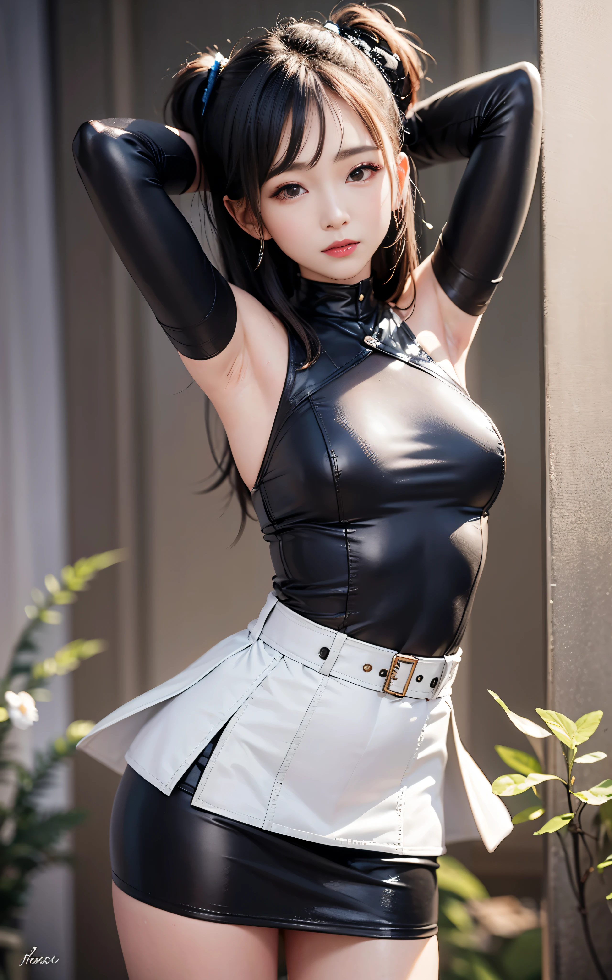 highest quality，masterpiece，High resolution，(beautiful face)，looking at the viewer，Are standing，（（Half body）），（（White vest）），（（black leather skirt）），gloved hands，right arm hanging down