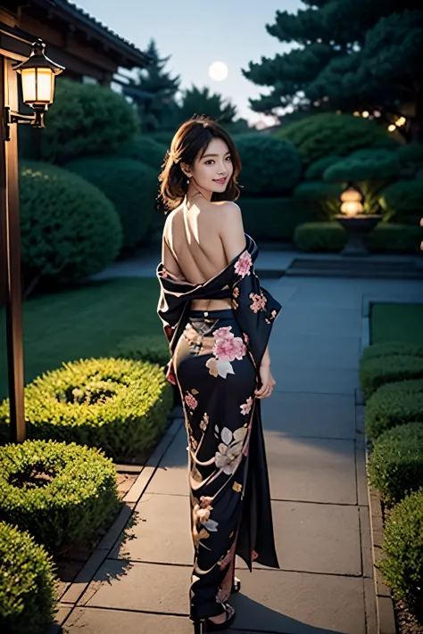 Under the mesmerizing moonlight, in a serene Japanese garden, a beautiful woman in a partially undone kimono reveals her elegant...