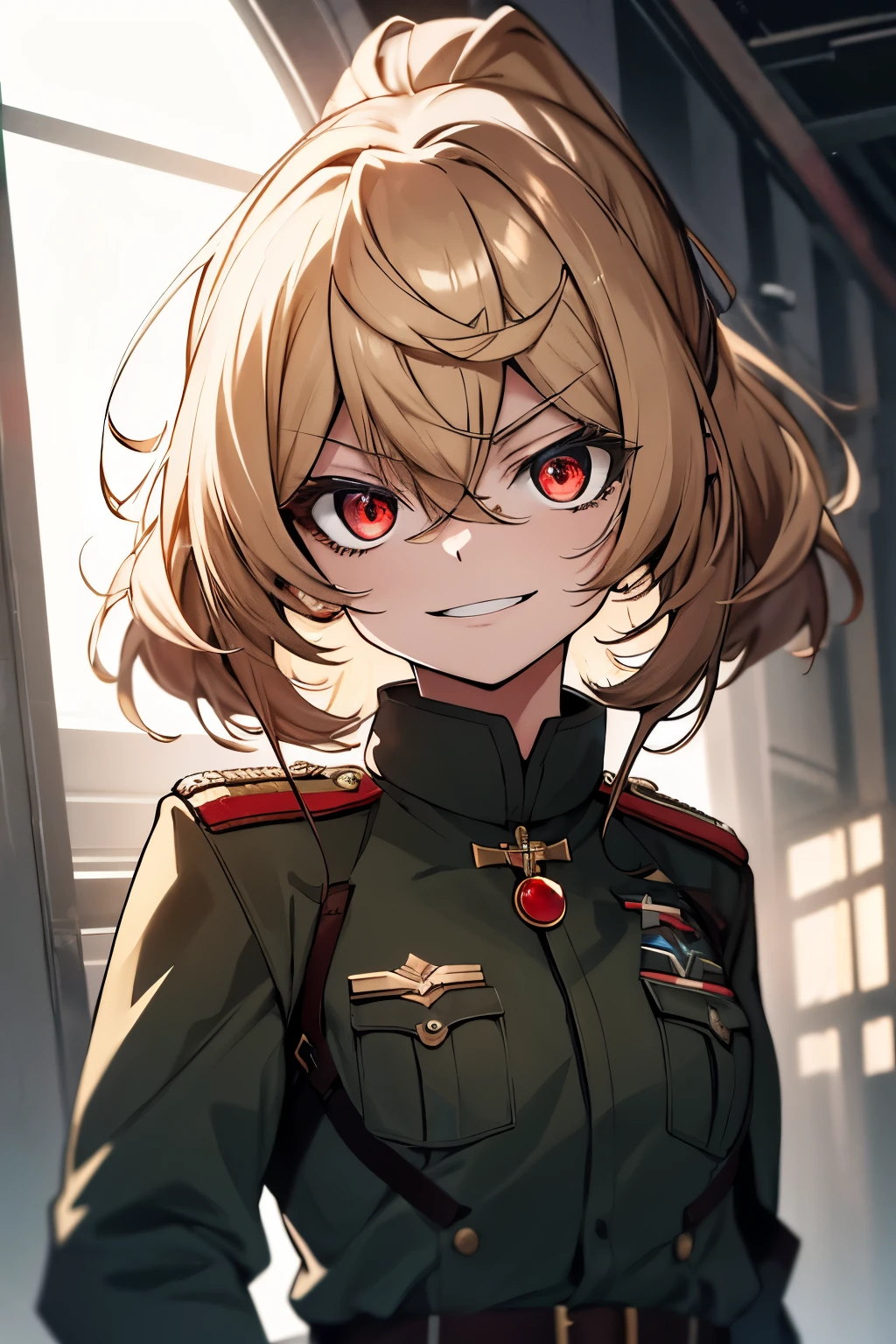 (masterpiece, best quality: 1.1), 1girl solo, tanya, 1girl, solo, , flat chest, small breasts, curvy, military, military uniform, ,, evil smile, wicked expression, anger, red eyes, neutral lighting