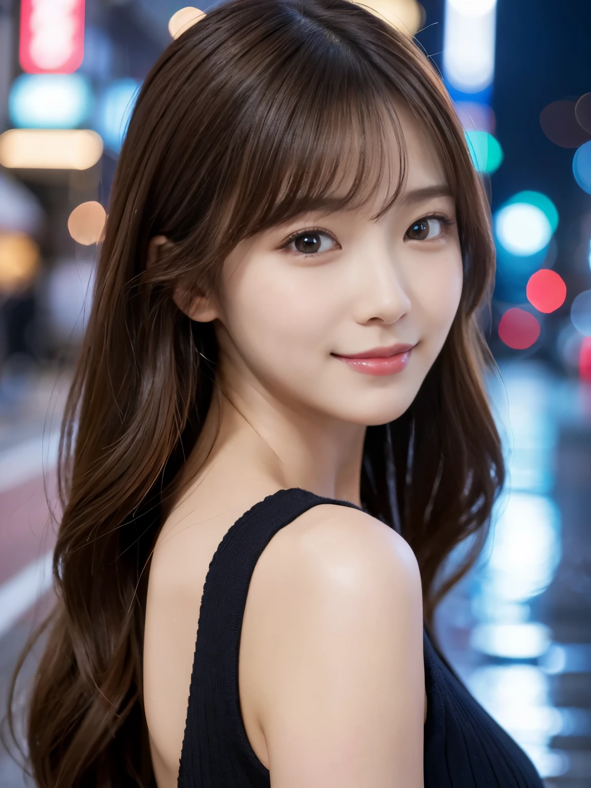 ​Masterpiece, 1 beautiful girl, A detailed eye, Puffy eyes, top-quality, 超A high resolution, (Realistic: 1.4), cinematic lighting, japanese, Asian Beauty, Super beauty, Beautiful skin, A slender, The body facing forward, (A hyper-realistic), (hilight resolution), (8K), (ighly detailed), (beautifully detailed eyes), (Ultra-detail)、 (wall-), A detailed face, Bright lighting, proffetional lighting, looking at viewert, Facing straight ahead, (The costume  a knitted dress), Long hair, hair messy, asymmetrical bangs, night street scene, Brown hair, Japan idle, Korean Idol, hposing Gravure Idol, age25, tall, smile,
