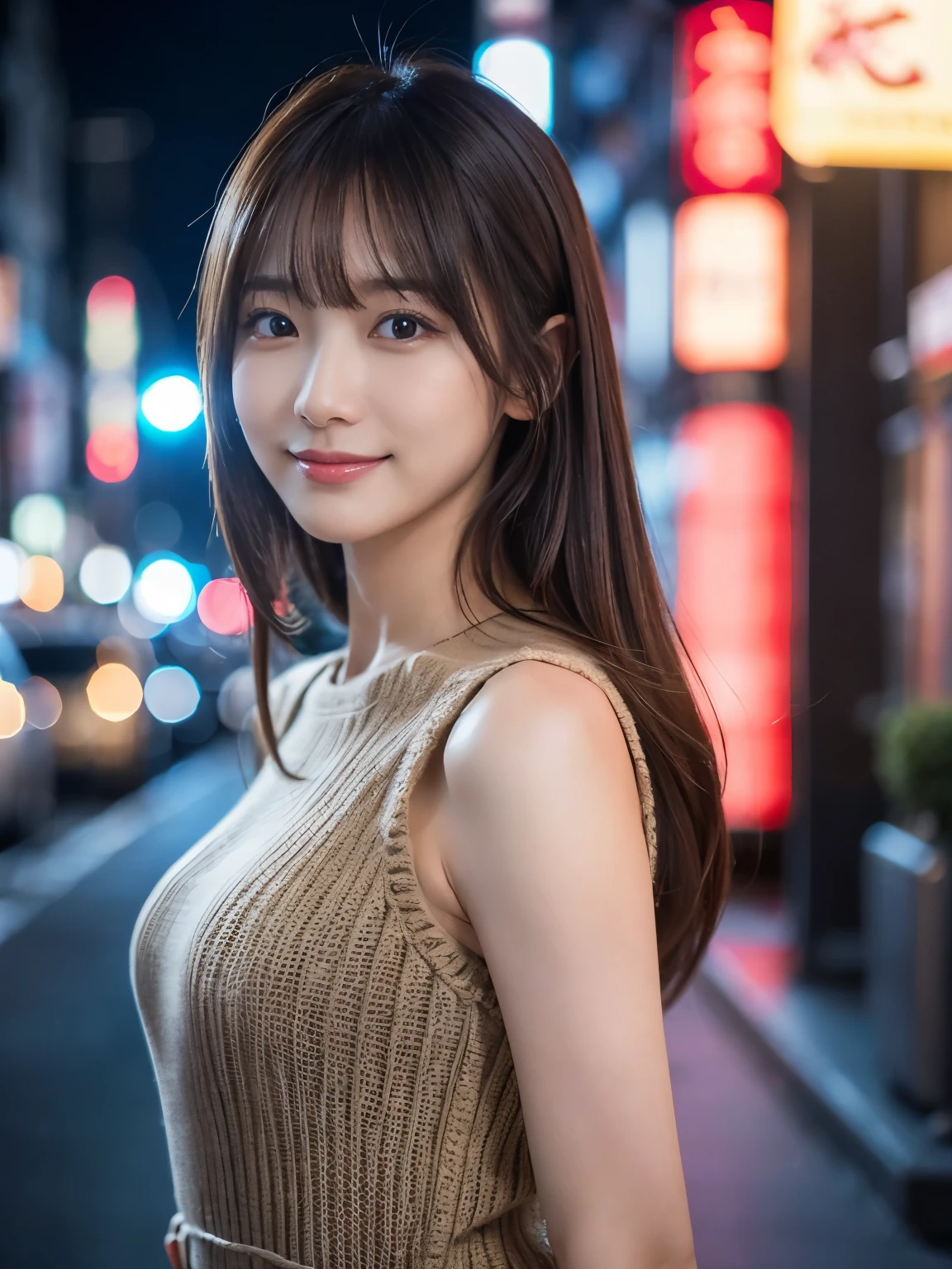 ​Masterpiece, 1 beautiful girl, A detailed eye, Puffy eyes, top-quality, 超A high resolution, (Realisticity: 1.4), cinematlic lighting, japanes, Asian Beauty, Super beauty, Beautiful skin, A slender, The body  facing forward, (A hyper-realistic), (hight resolution), (8K), (ighly detailed), (beautifully detailed eyes), (ultra-detailliert)、 (wall-), A detailed face, Bright lighting, profetional lighting, looking at viewert, Facing straight ahead, (The costume  a knitted dress), Long hair, hair messy, asymmetrical bangs, night street scene, Brown hair, Japan idle, 韓国アイドル, hposing Gravure Idol, age25, tall, smile,