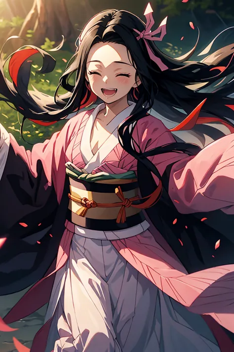 anime, hdr, soft light, ((best quality)), ((masterpiece)), (detailed), nezuko, black hair, forehead, open mouth smiling, eyes cl...