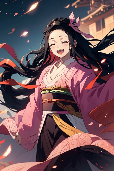 anime, hdr, soft light, ((best quality)), ((masterpiece)), (detailed), nezuko, black hair, forehead, open mouth smiling, eyes cl...