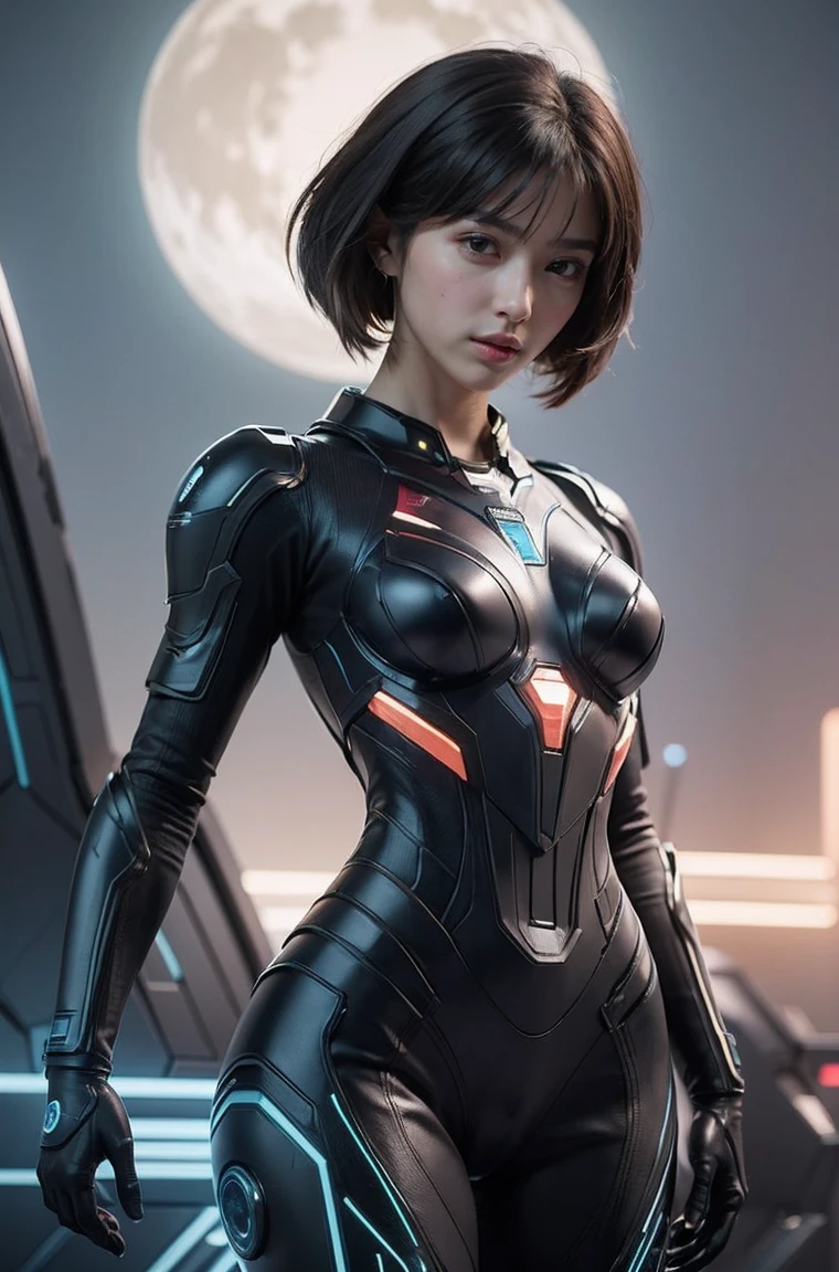 (RAW photo, highest quality), (realistic, Photoreal:1.3), 1 girl, bob cut、earrings、Luminous pendant、realisticbody,old space costume、ancient japan、ancient ritual、dinosaur、Bone-in meat、disk、Flying from space、Tiredness、ray gun