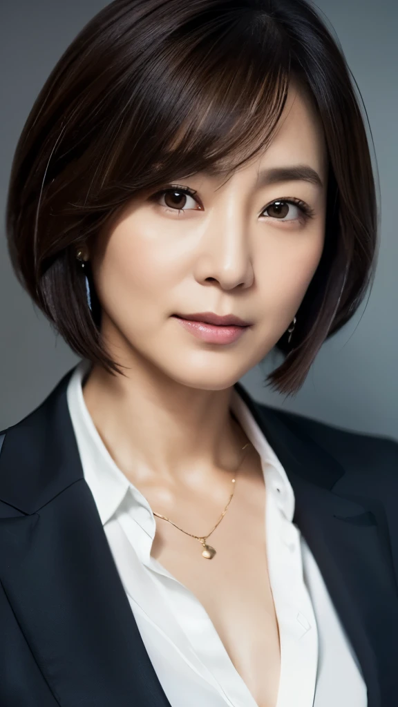 (Highly detailed CG Unity 8K wallpaper, highest quality, super detailed, look at the camera:1.2, light shines on your face:1.5, gray background, professional lighting), {{50-year-old Japanese woman}}, 50-year-old woman, upper body shot with face illuminated. She has a stylish bob haircut with subtle highlights, a gentle oval face, neatly shaped eyebrows, deep-set eyes, a defined nose, and a soft smile. She is dressed in an elegant silk blouse, tailored blazer, and understated pearl earrings.