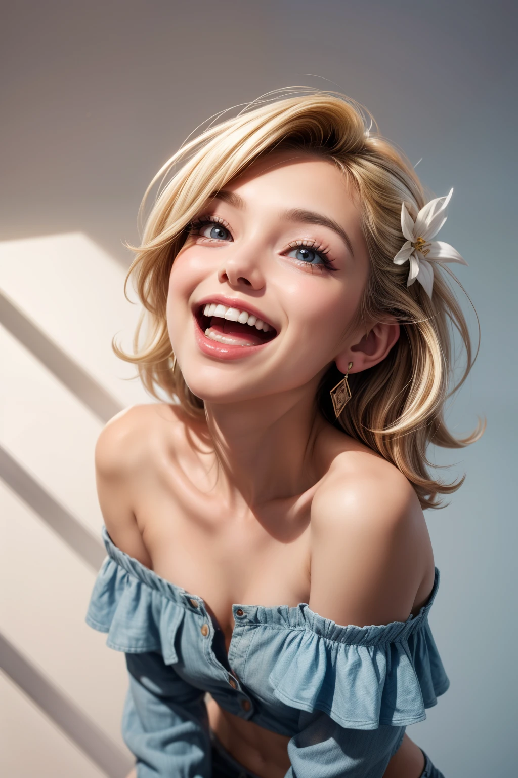 1 girl, very thin, (adorable:1.3), (cute:1.3), pretty, laughing, (lipstick:0.5), eye shadow, off-shoulder, hair ornaments, (philtrum:0.1), blond hair, navel, blue, white, looking up