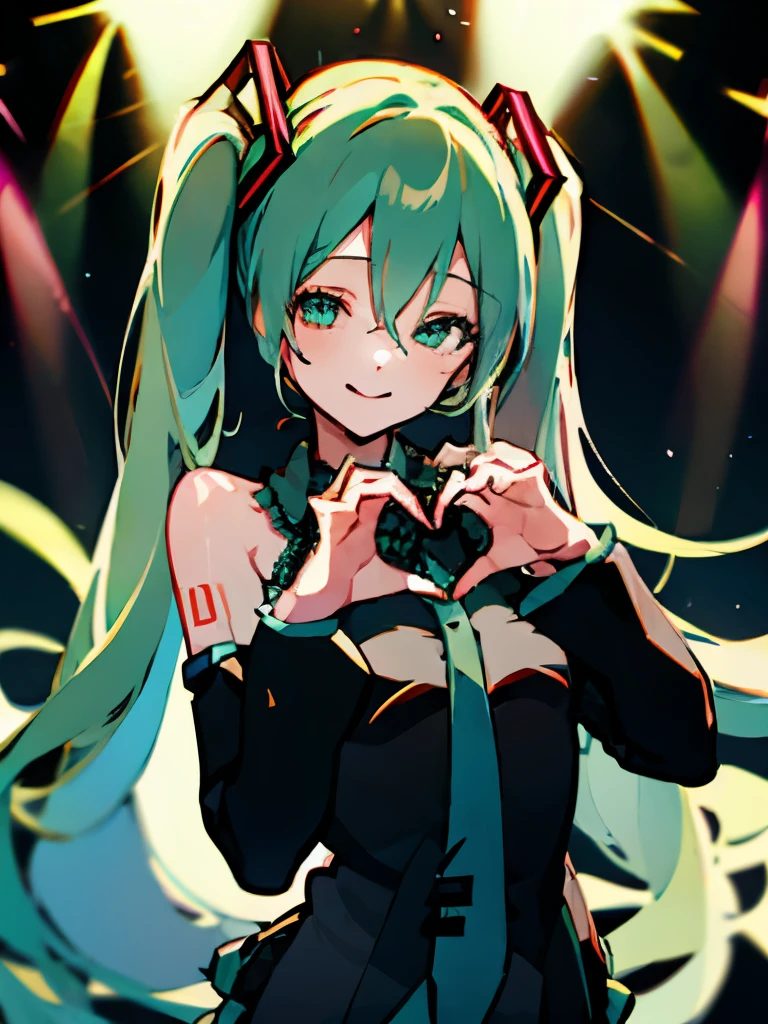 (heart hands, own hands together:1), mature female, smiling, concert stage, young adult, 20s, skinny, hatsune_miku_ecsta,
hatsune miku,
aqua hair,
aqua eyes,