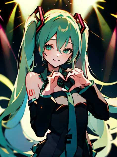 (heart hands, own hands together:1), mature female, smiling, concert stage, young adult, 20s, skinny, hatsune_miku_ecsta,
hatsun...