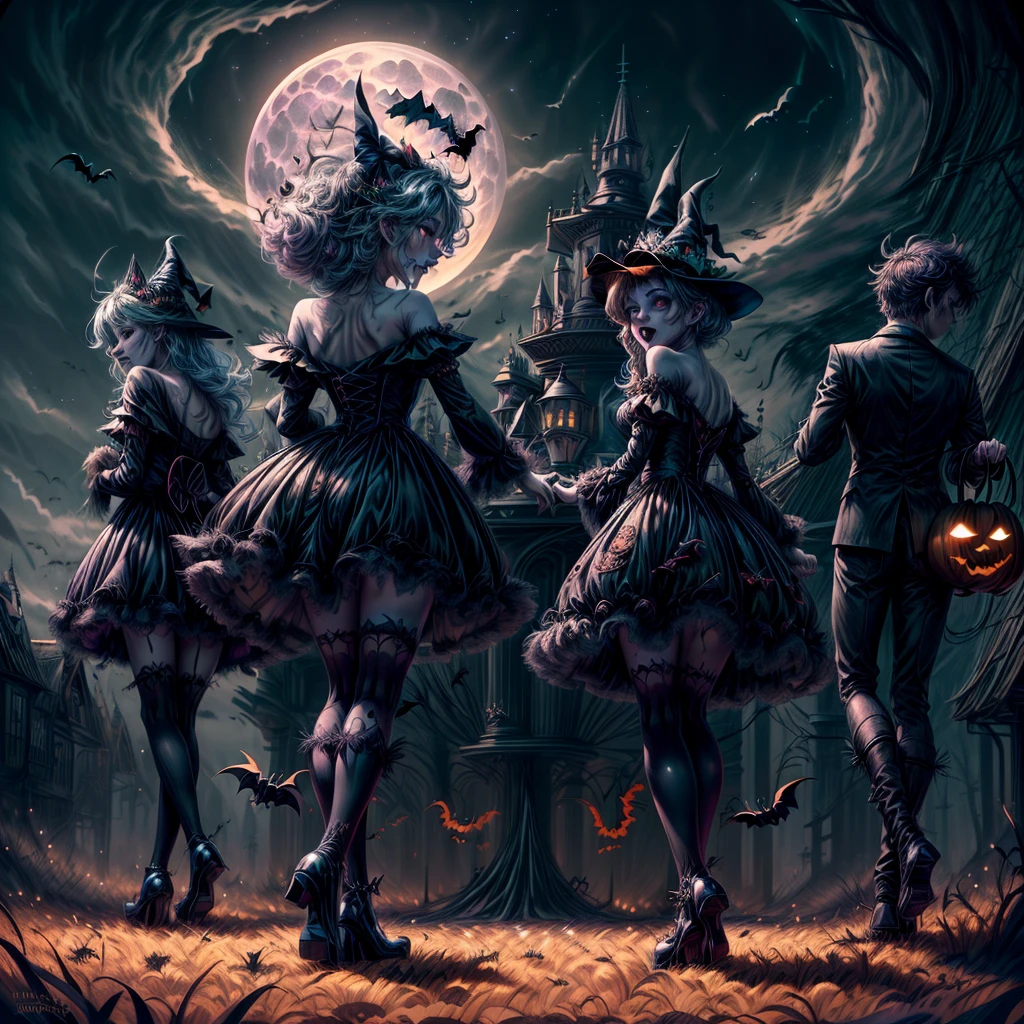 (best quality,4k,highres),looney tunes witches flying through a pumpkin patch at night,racing witches with broomsticks,spooky,comical,pumpkin-filled patch,charmingly detailed pumpkins,colorful witch costumes,full moon lighting,whimsical atmosphere,windswept hair,expressive facial expressions,spider webs,and bats,creepy-crawly crawling spiders,festive Halloween spirit,dynamic motion,laughter and excitement,animated artwork,enchanted fantasy,thrilling witch race,wickedly funny,mesmerizing visual effects,hauntingly beautiful scenery,magical aura,mischievous tricks and spells,nighttime adventure,playful competition,breathtaking sky,illuminating stars