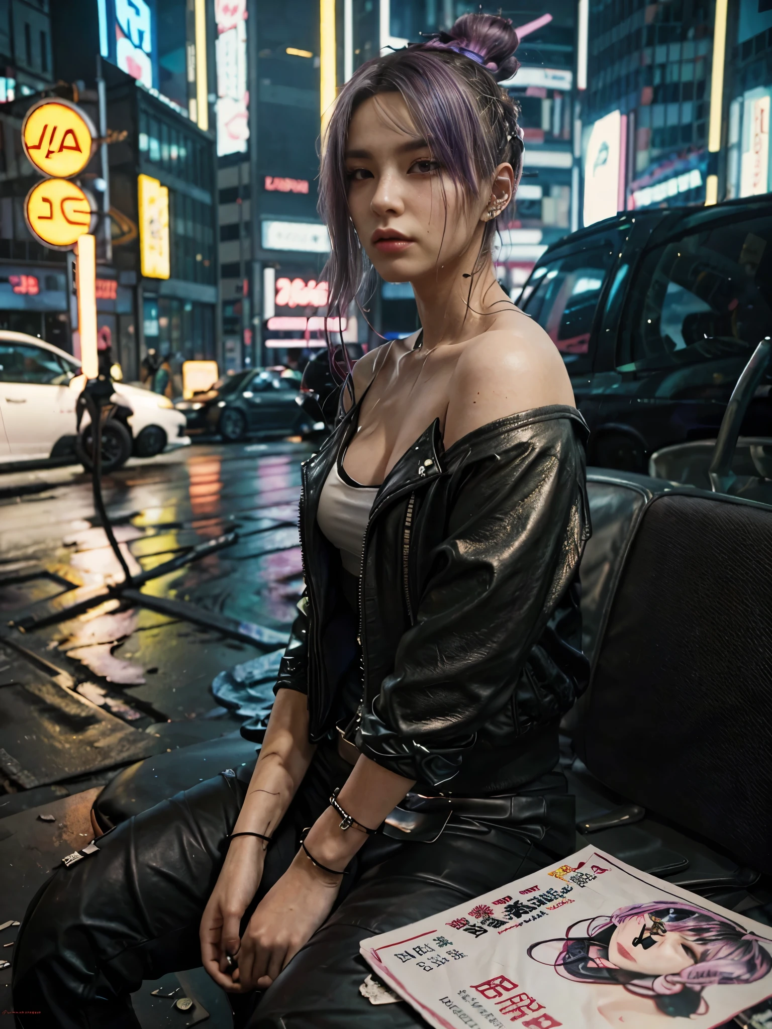 a woman in a off shoulder leather jacket sitting on the street, cyberpunk art style, cyberpunk 2 0 y. o model girl, hyper-realistic cyberpunk style, cyberpunk vibes, cyberpunk style ， hyperrealistic, cyberpunk beautiful girl, cyberpunk art ultrarealistic 8k, cyberpunk girl, cyberpunk art, female cyberpunk anime girl, in cyberpunk style, cyberpunk judy alvarez