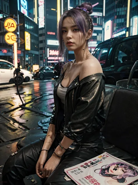 a woman in a off shoulder leather jacket sitting on the street, cyberpunk art style, cyberpunk 2 0 y. o model girl, hyper-realis...