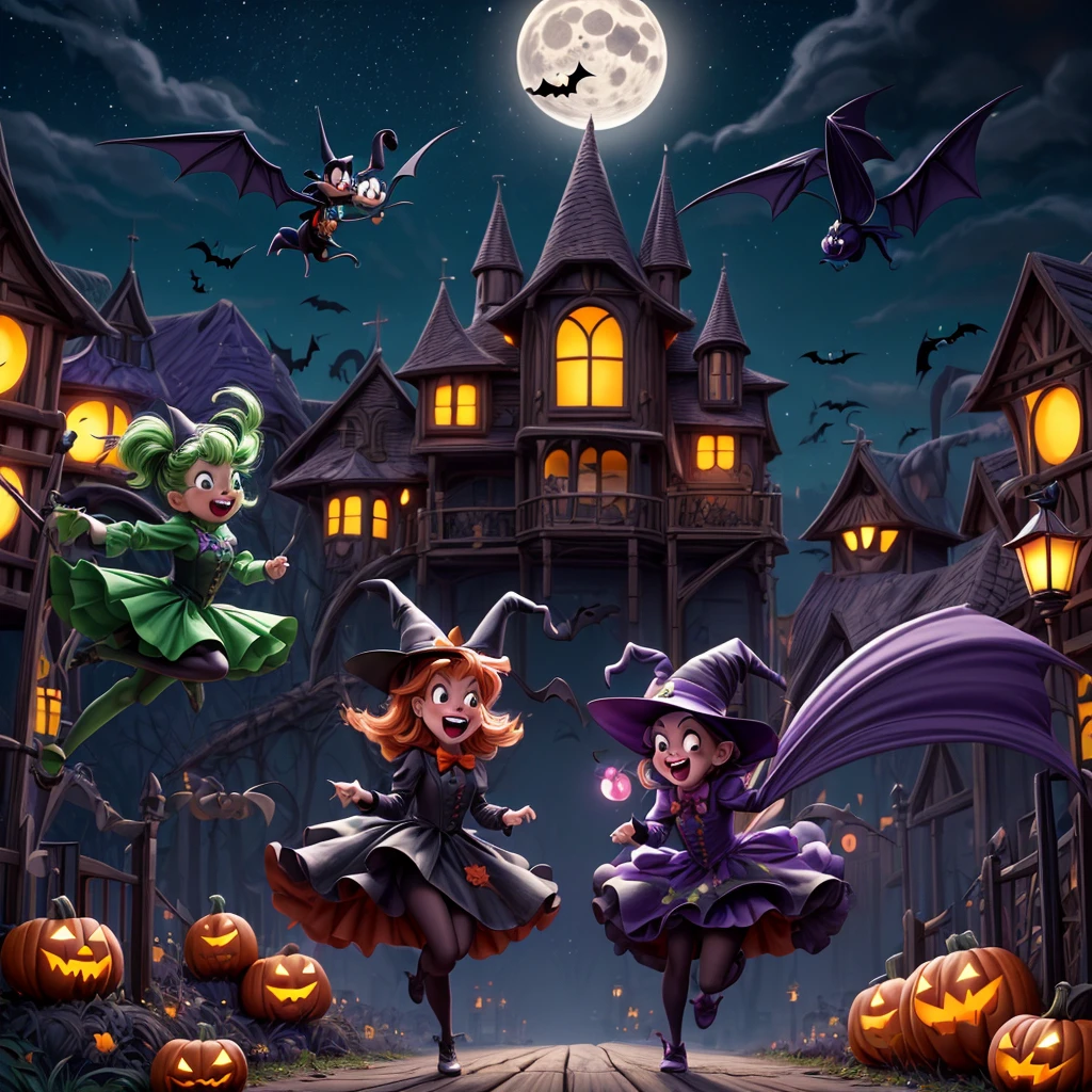 (best quality,4k,highres),looney tunes witches flying through a pumpkin patch at night,racing witches with broomsticks,spooky,comical,pumpkin-filled patch,charmingly detailed pumpkins,colorful witch costumes,full moon lighting,whimsical atmosphere,windswept hair,expressive facial expressions,spider webs,and bats,creepy-crawly crawling spiders,festive Halloween spirit,dynamic motion,laughter and excitement,animated artwork,enchanted fantasy,thrilling witch race,wickedly funny,mesmerizing visual effects,hauntingly beautiful scenery,magical aura,mischievous tricks and spells,nighttime adventure,playful competition,breathtaking sky,illuminating stars, clearly defined race course, finish line is a ring of swirling magic, racing using flying broomstick