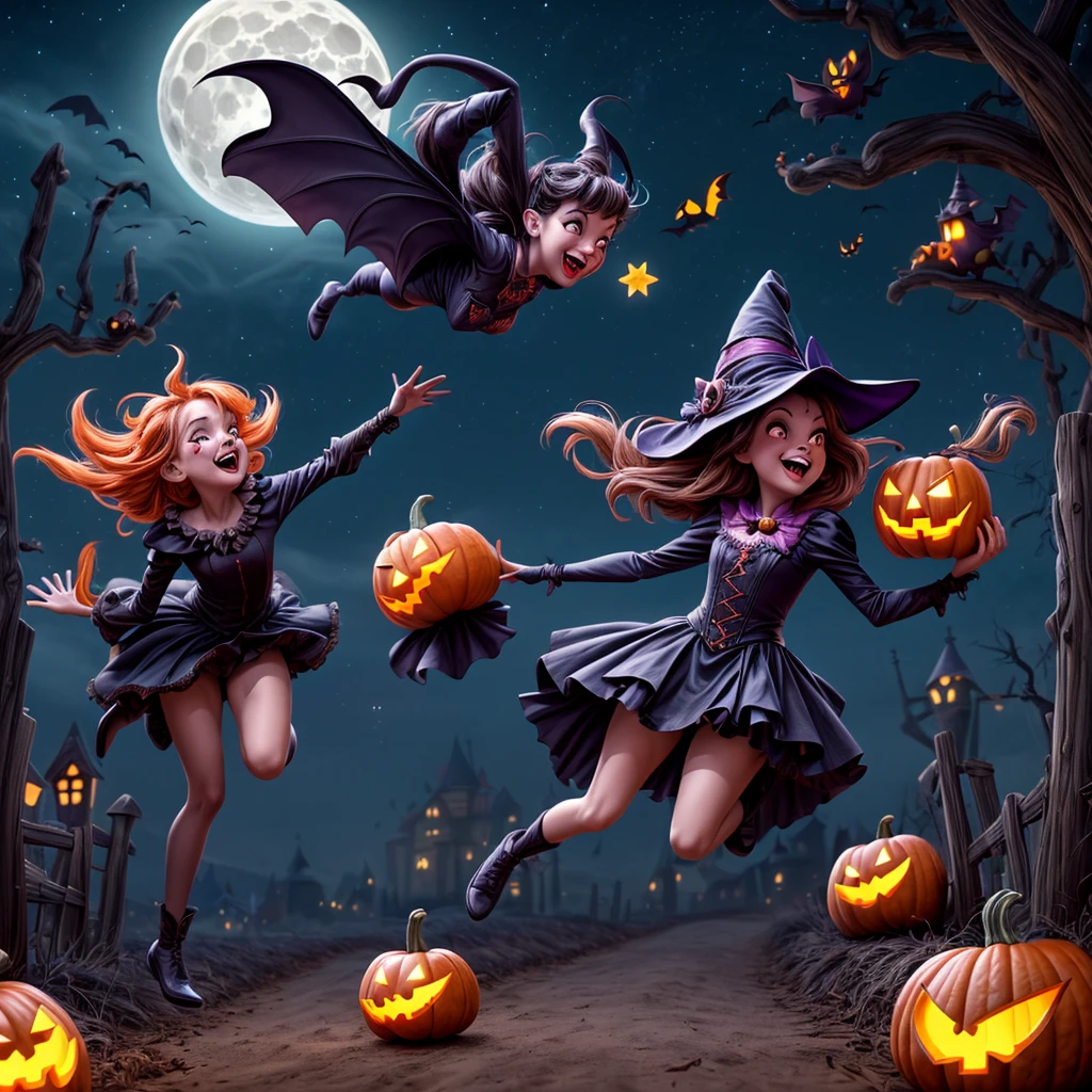 (best quality,4k,highres),looney tunes witches flying through a pumpkin patch at night,racing witches with broomsticks,spooky,comical,pumpkin-filled patch,charmingly detailed pumpkins,colorful witch costumes,full moon lighting,whimsical atmosphere,windswept hair,expressive facial expressions,spider webs,and bats,creepy-crawly crawling spiders,festive Halloween spirit,dynamic motion,laughter and excitement,animated artwork,enchanted fantasy,thrilling witch race,wickedly funny,mesmerizing visual effects,hauntingly beautiful scenery,magical aura,mischievous tricks and spells,nighttime adventure,playful competition,breathtaking sky,illuminating stars, clearly defined race course, finish line is a ring of swirling magic, racing using flying broomstick