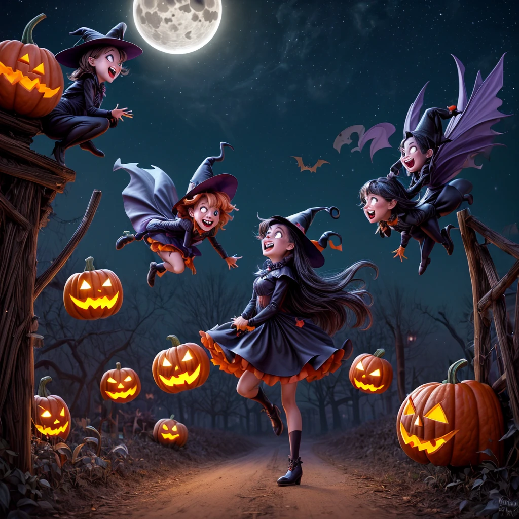 (best quality,4k,highres),looney tunes witches flying through a pumpkin patch at night,racing witches with broomsticks,spooky,comical,pumpkin-filled patch,charmingly detailed pumpkins,colorful witch costumes,full moon lighting,whimsical atmosphere,windswept hair,expressive facial expressions,spider webs,and bats,creepy-crawly crawling spiders,festive Halloween spirit,dynamic motion,laughter and excitement,animated artwork,enchanted fantasy,thrilling witch race,wickedly funny,mesmerizing visual effects,hauntingly beautiful scenery,magical aura,mischievous tricks and spells,nighttime adventure,playful competition,breathtaking sky,illuminating stars, clearly defined race course, finish line is a ring of swirling magic, racing using flying broomstick