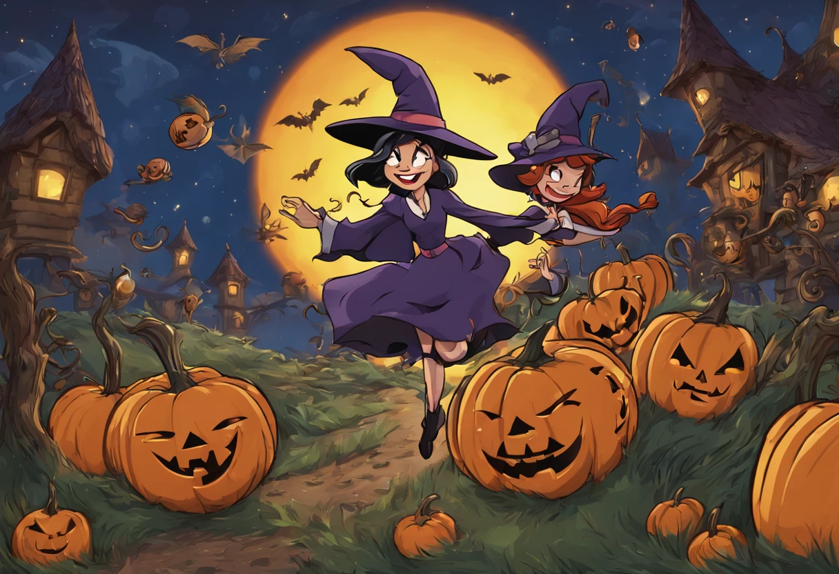 (best quality,4k,highres),looney tunes witches flying through a pumpkin patch at night,racing witches with broomsticks,spooky,comical,pumpkin-filled patch,charmingly detailed pumpkins,colorful witch costumes,full moon lighting,whimsical atmosphere,windswept hair,expressive facial expressions,spider webs,and bats,creepy-crawly crawling spiders,festive Halloween spirit,dynamic motion,laughter and excitement,animated artwork,enchanted fantasy,thrilling witch race,wickedly funny,mesmerizing visual effects,hauntingly beautiful scenery,magical aura,mischievous tricks and spells,nighttime adventure,playful competition,breathtaking sky,illuminating stars, clearly defined race course, finish line is a ring of swirling magic, racing using flying broomstick