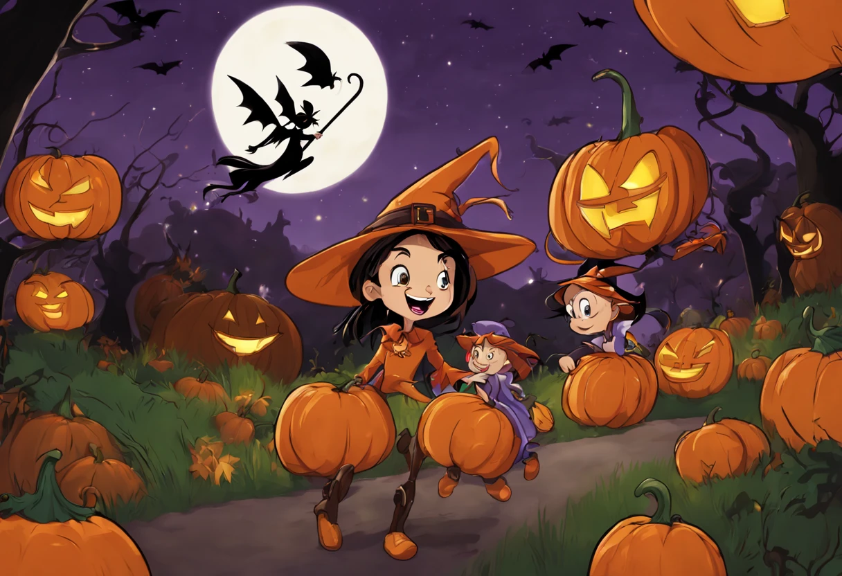 (best quality,4k,highres),looney tunes witches flying through a pumpkin patch at night,racing witches with broomsticks,spooky,comical,pumpkin-filled patch,charmingly detailed pumpkins,colorful witch costumes,full moon lighting,whimsical atmosphere,windswept hair,expressive facial expressions,spider webs,and bats,creepy-crawly crawling spiders,festive Halloween spirit,dynamic motion,laughter and excitement,animated artwork,enchanted fantasy,thrilling witch race,wickedly funny,mesmerizing visual effects,hauntingly beautiful scenery,magical aura,mischievous tricks and spells,nighttime adventure,playful competition,breathtaking sky,illuminating stars, clearly defined race course, finish line is a ring of swirling magic