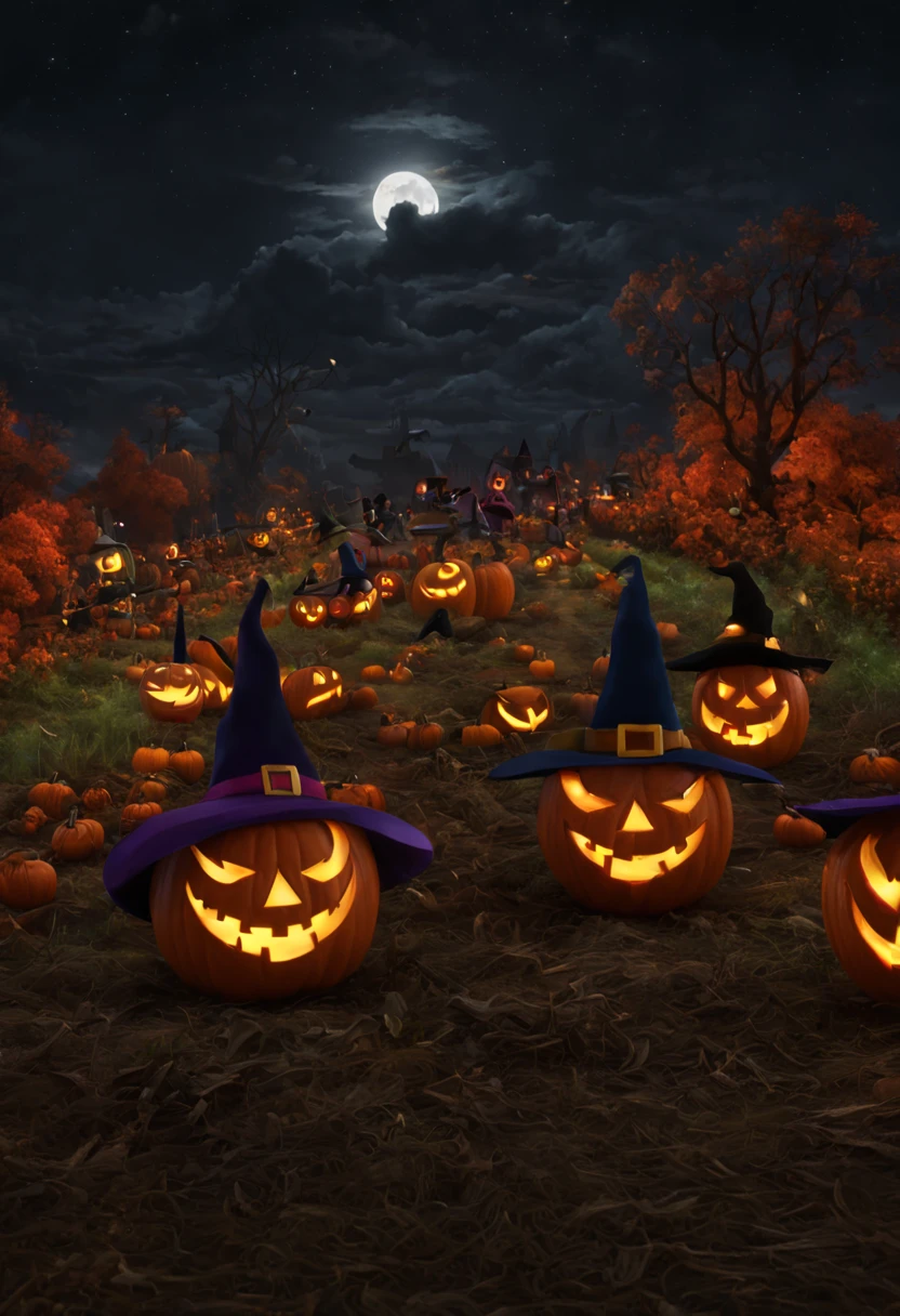 (best quality,4k,highres),looney tunes witches flying through a pumpkin patch at night,racing witches with broomsticks,spooky,comical,pumpkin-filled patch,charmingly detailed pumpkins,colorful witch costumes,full moon lighting,whimsical atmosphere,windswept hair,expressive facial expressions,spider webs,and bats,creepy-crawly crawling spiders,festive Halloween spirit,dynamic motion,laughter and excitement,animated artwork,enchanted fantasy,thrilling witch race,wickedly funny,mesmerizing visual effects,hauntingly beautiful scenery,magical aura,mischievous tricks and spells,nighttime adventure,playful competition,breathtaking sky,illuminating stars, clearly defined race course, finish line is a ring of swirling magic, racing using flying broomstick