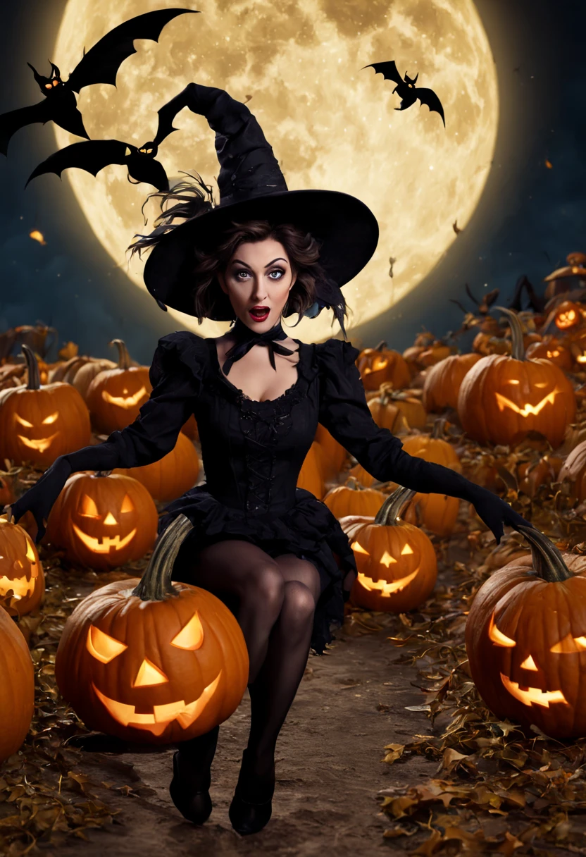 (best quality,4k,highres),looney tunes witches flying through a pumpkin patch at night,racing witches with broomsticks,spooky,comical,pumpkin-filled patch,charmingly detailed pumpkins,colorful witch costumes,full moon lighting,whimsical atmosphere,windswept hair,expressive facial expressions,spider webs,and bats,creepy-crawly crawling spiders,festive Halloween spirit,dynamic motion,laughter and excitement,animated artwork,enchanted fantasy,thrilling witch race,wickedly funny,mesmerizing visual effects,hauntingly beautiful scenery,magical aura,mischievous tricks and spells,nighttime adventure,playful competition,breathtaking sky,illuminating stars, clearly defined race course, finish line is a ring of swirling magic, racing using flying broomstick