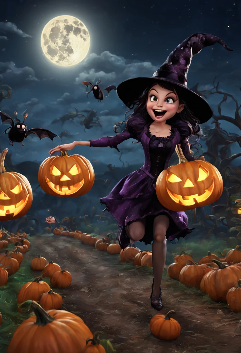 (best quality,4k,highres),looney tunes witches flying through a pumpkin patch at night,racing witches with broomsticks,spooky,comical,pumpkin-filled patch,charmingly detailed pumpkins,colorful witch costumes,full moon lighting,whimsical atmosphere,windswept hair,expressive facial expressions,spider webs,and bats,creepy-crawly crawling spiders,festive Halloween spirit,dynamic motion,laughter and excitement,animated artwork,enchanted fantasy,thrilling witch race,wickedly funny,mesmerizing visual effects,hauntingly beautiful scenery,magical aura,mischievous tricks and spells,nighttime adventure,playful competition,breathtaking sky,illuminating stars, clearly defined race course, finish line is a ring of swirling magic, racing using flying broomstick