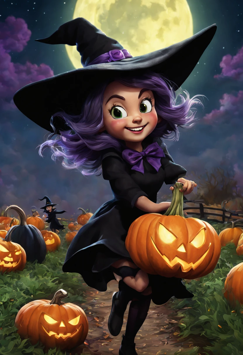 (best quality,4k,highres),looney tunes witches flying through a pumpkin patch at night,racing witches with broomsticks,spooky,comical,pumpkin-filled patch,charmingly detailed pumpkins,colorful witch costumes,full moon lighting,whimsical atmosphere,windswept hair,expressive facial expressions,spider webs,and bats,creepy-crawly crawling spiders,festive Halloween spirit,dynamic motion,laughter and excitement,animated artwork,enchanted fantasy,thrilling witch race,wickedly funny,mesmerizing visual effects,hauntingly beautiful scenery,magical aura,mischievous tricks and spells,nighttime adventure,playful competition,breathtaking sky,illuminating stars, clearly defined race course, finish line is a ring of swirling magic, racing using flying broomstick