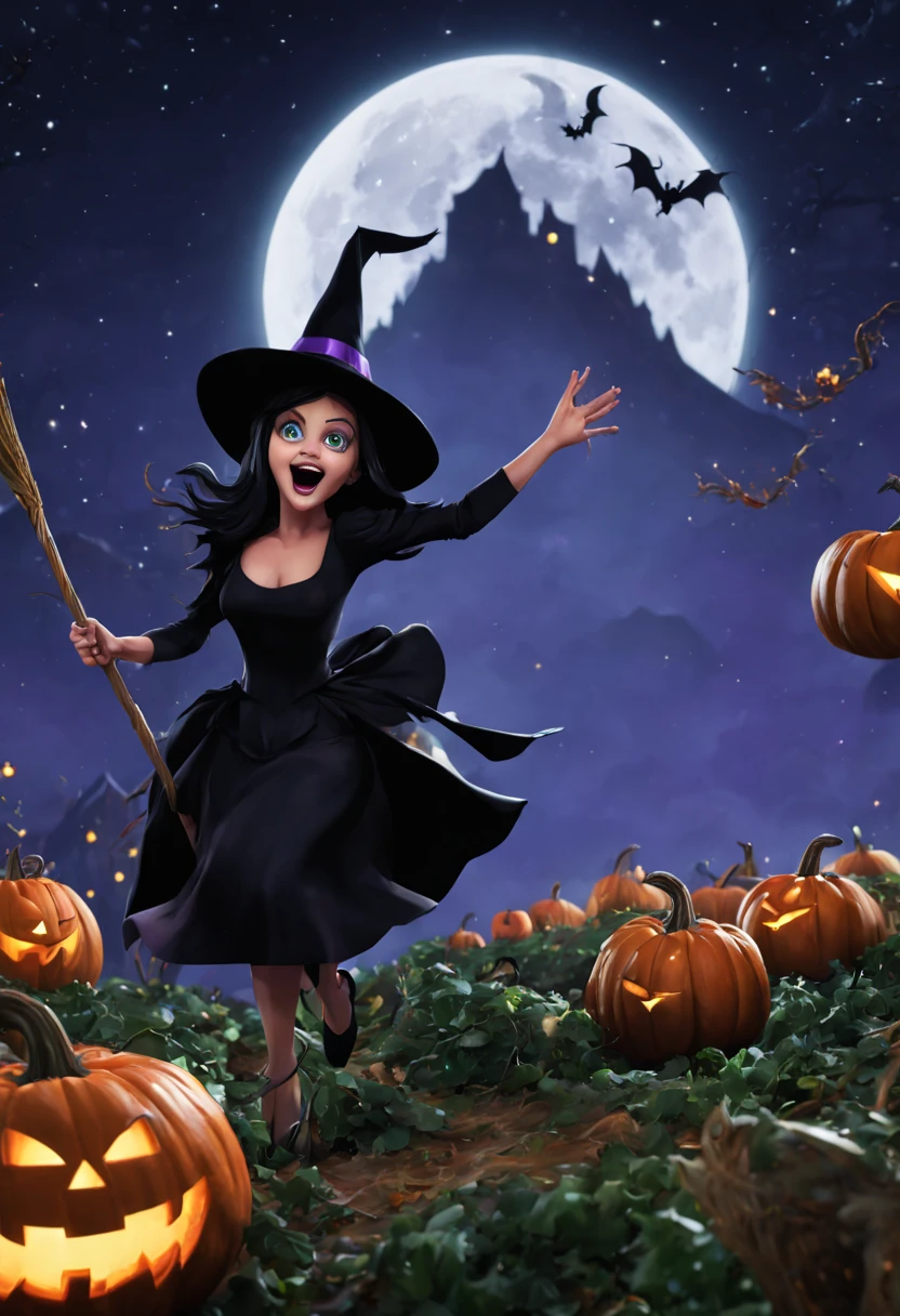 (best quality,4k,highres),looney tunes witches flying through a pumpkin patch at night,racing witches with broomsticks,spooky,comical,pumpkin-filled patch,charmingly detailed pumpkins,colorful witch costumes,full moon lighting,whimsical atmosphere,windswept hair,expressive facial expressions,spider webs,and bats,creepy-crawly crawling spiders,festive Halloween spirit,dynamic motion,laughter and excitement,animated artwork,enchanted fantasy,thrilling witch race,wickedly funny,mesmerizing visual effects,hauntingly beautiful scenery,magical aura,mischievous tricks and spells,nighttime adventure,playful competition,breathtaking sky,illuminating stars, clearly defined race course, finish line is a ring of swirling magic, racing using flying broomstick