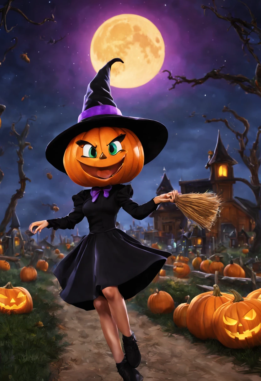 (best quality,4k,highres),looney tunes witches flying through a pumpkin patch at night,racing witches with broomsticks,spooky,comical,pumpkin-filled patch,charmingly detailed pumpkins,colorful witch costumes,full moon lighting,whimsical atmosphere,windswept hair,expressive facial expressions,spider webs,and bats,creepy-crawly crawling spiders,festive Halloween spirit,dynamic motion,laughter and excitement,animated artwork,enchanted fantasy,thrilling witch race,wickedly funny,mesmerizing visual effects,hauntingly beautiful scenery,magical aura,mischievous tricks and spells,nighttime adventure,playful competition,breathtaking sky,illuminating stars, clearly defined race course, finish line is a ring of swirling magic