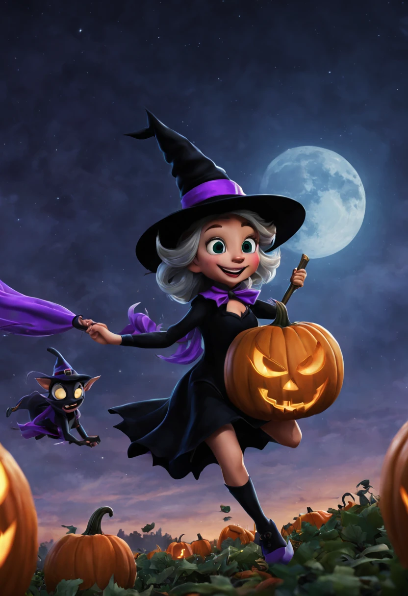 (best quality,4k,highres),looney tunes witches flying through a pumpkin patch at night,racing witches with broomsticks,spooky,comical,pumpkin-filled patch,charmingly detailed pumpkins,colorful witch costumes,full moon lighting,whimsical atmosphere,windswept hair,expressive facial expressions,spider webs,and bats,creepy-crawly crawling spiders,festive Halloween spirit,dynamic motion,laughter and excitement,animated artwork,enchanted fantasy,thrilling witch race,wickedly funny,mesmerizing visual effects,hauntingly beautiful scenery,magical aura,mischievous tricks and spells,nighttime adventure,playful competition,breathtaking sky,illuminating stars, clearly defined race course, finish line is a ring of swirling magic, racing using flying broomstick